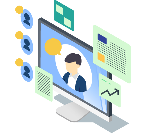 Illustration of computer monitor with various actions encircling it to represent analytics, intake documents, communication, and medical records, used to identify gaps in patient care.