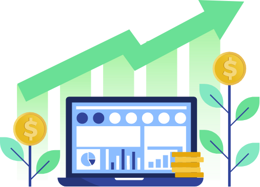 Illustration of a laptop computer with plants with dollar signs for flowers, and a rising chart line, to demonstrate revenue growth.